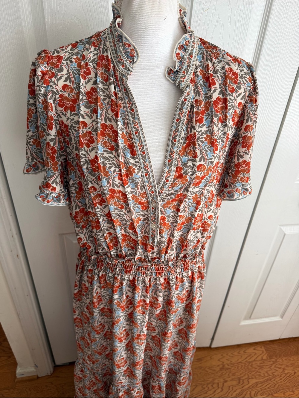 Max Studio Orange Cream Floral Maxi Dress Size XL Boho Ruffle V-Neck Peasant EUC - Picture 2 of 7